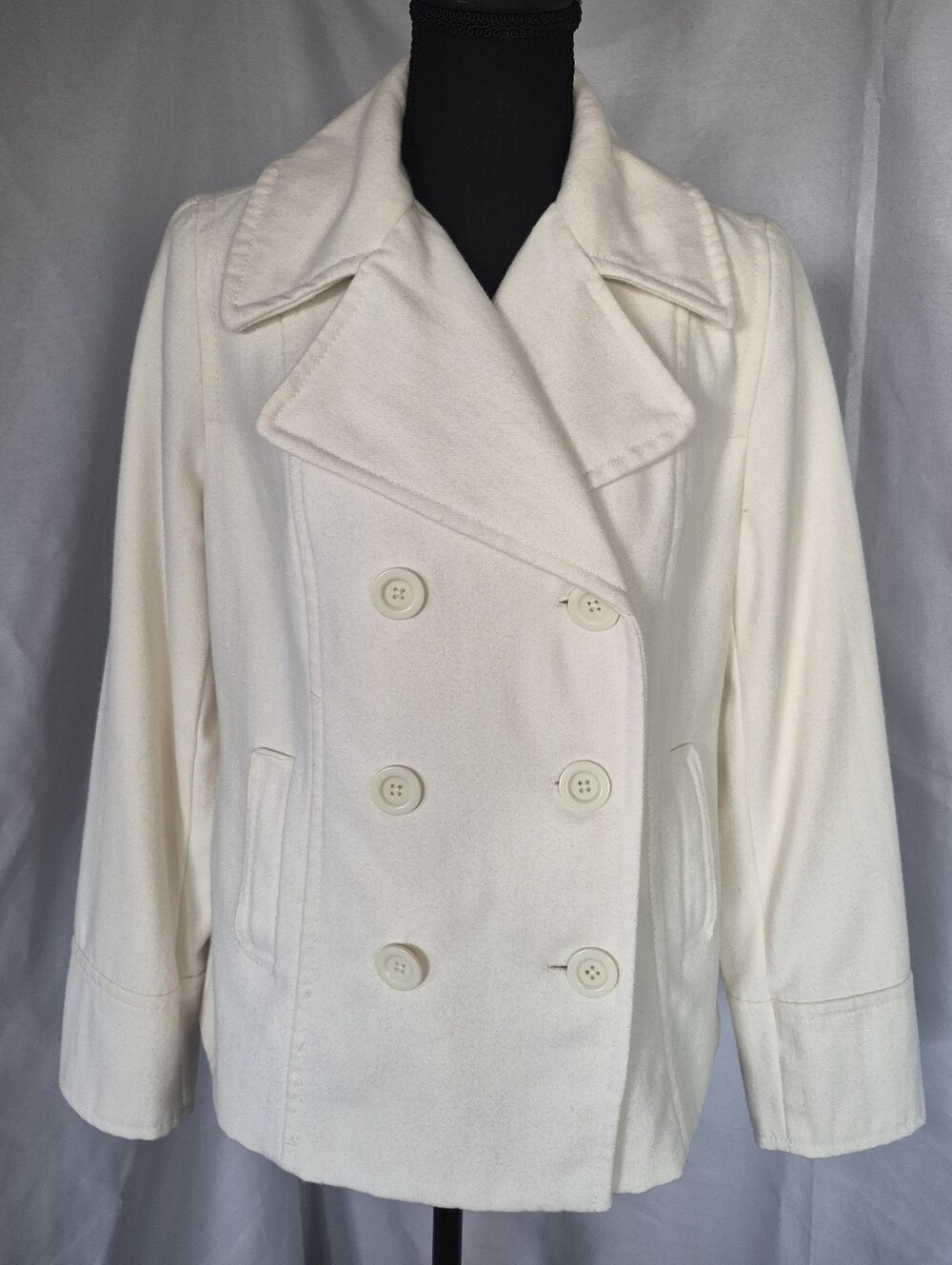 Old Navy Cream Double-Breasted Pea Coat Jacket Wool Blend
